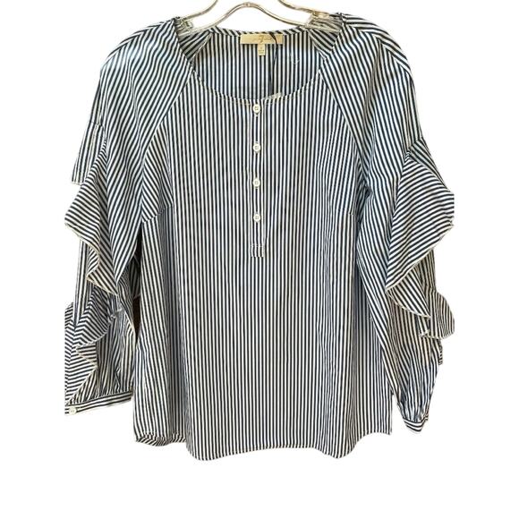 7 For All Mankind‎ Striped Ruffle Long Sleeve Blouse Coastal Hamptons Small 7FAM - Picture 1 of 11